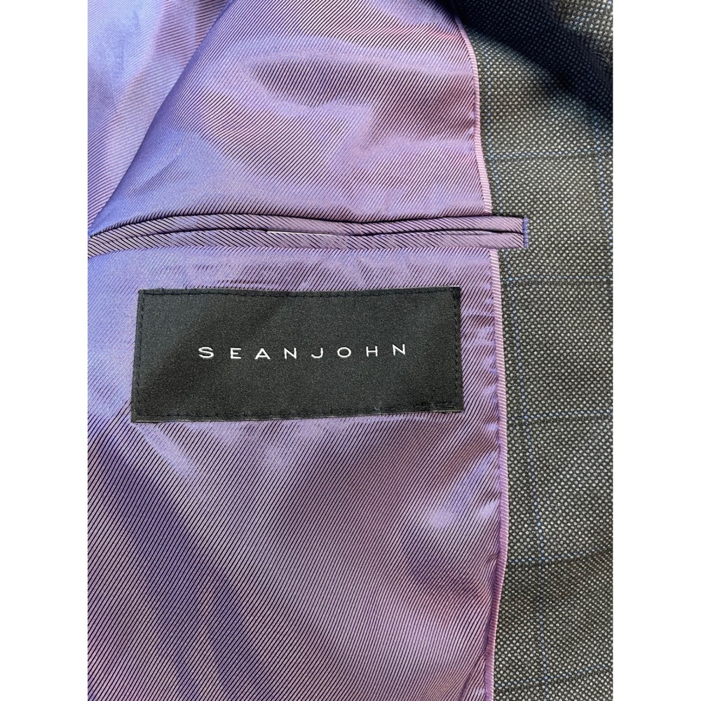 Sean John Mens 44L Blazer Charcoal Indigo Windowpane Purple Lining Suit Jacket - Picture 6 of 14